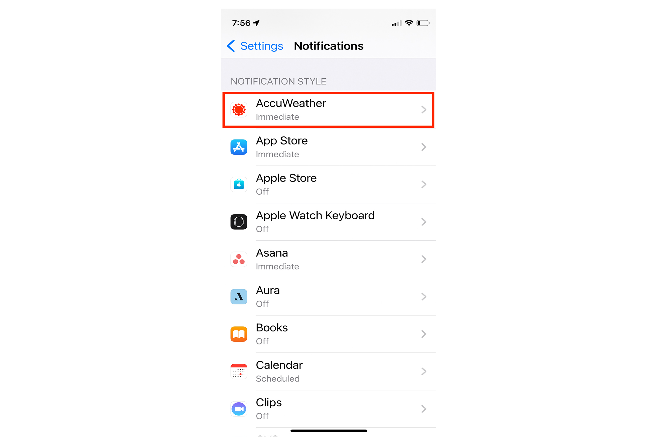Configuración de notificaciones de iPhone para la aplicación Accuweather.