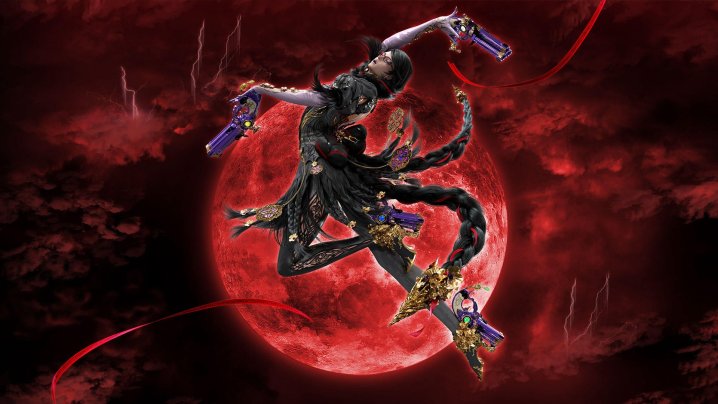 Bayonetta posing in the air with red background.