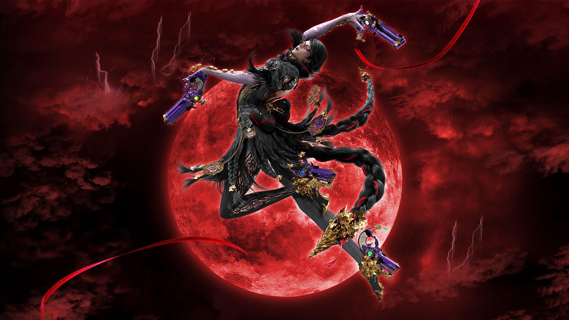 Bayonetta poses in the air with a red background.