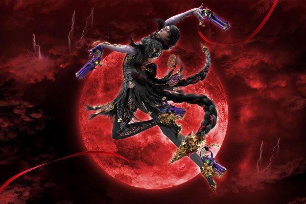 Bayonetta posing in the air with red background.