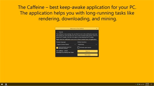The Caffeine app webpage with a bright yellow background