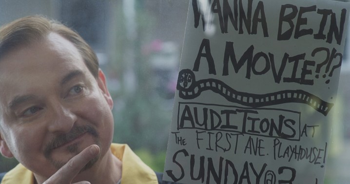 Brian O'Halloran holds a sign calling for auditions in a scene from Clerks III.