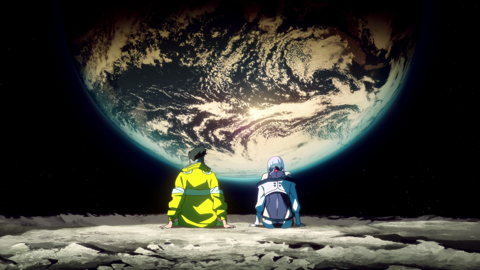 在《赛博朋克：边缘狂奔者》的场景中，大卫和露西从月球上观察地球。