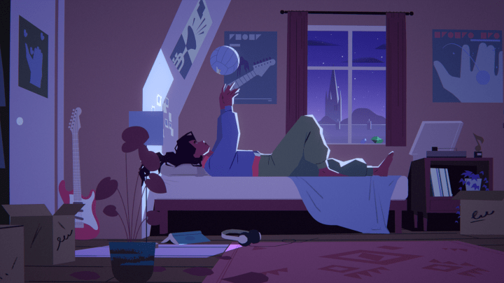 Desta lays in bed as they throw a ball towards the ceiling in Desta: The Memories Between.