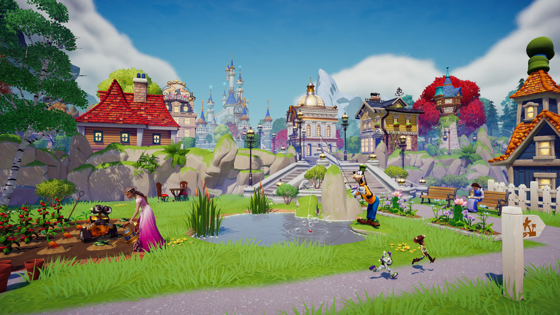 Uma paisagem de cidade aparece no Disney Dreamlight Valley.