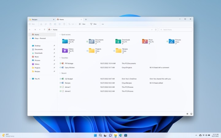 The redesigned File Explorer home page for Windows 11.