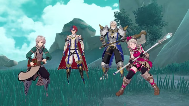 Fire Emblem engage characters stand in a field.