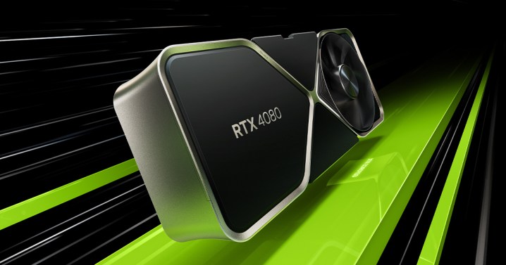 New Nvidia GeForce RTX 4080 GPU on black and green background.