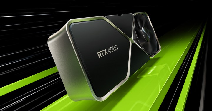 Nuova GPU Nvidia GeForce RTX 4080 su sfondo nero e verde.
