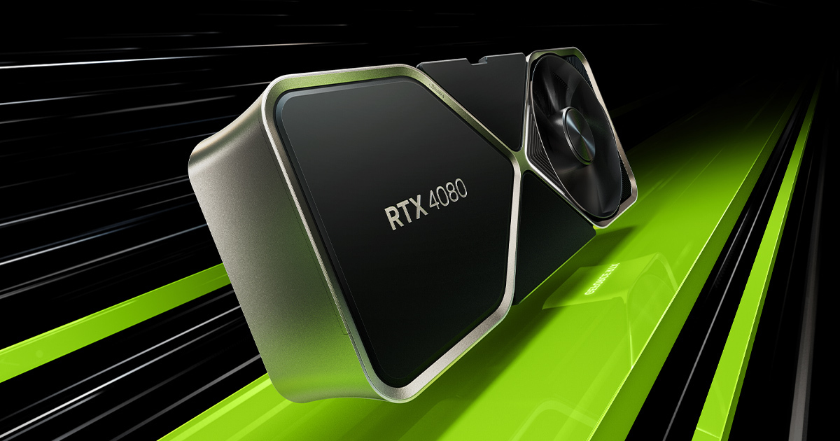 GPU جدید Nvidia GeForce RTX 4080 در پس زمینه مشکی و سبز.