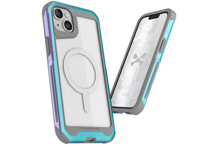 The Ghostek Atomic Slim 4 Prismatic Aluminium MagSafe Case ni clear with blue bumpers for the iPhone 14, showing the front and rear of the case.