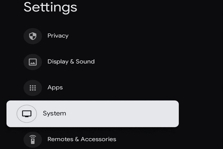 System tab on Google TV settings.