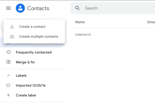 Create options in Google Contacts.