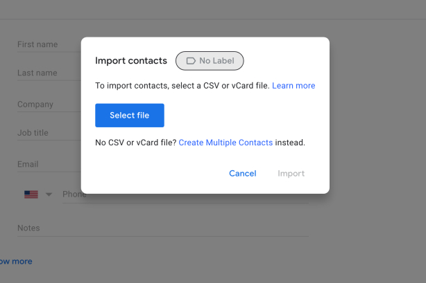 Opção de importação de contatos na Conta do Google.