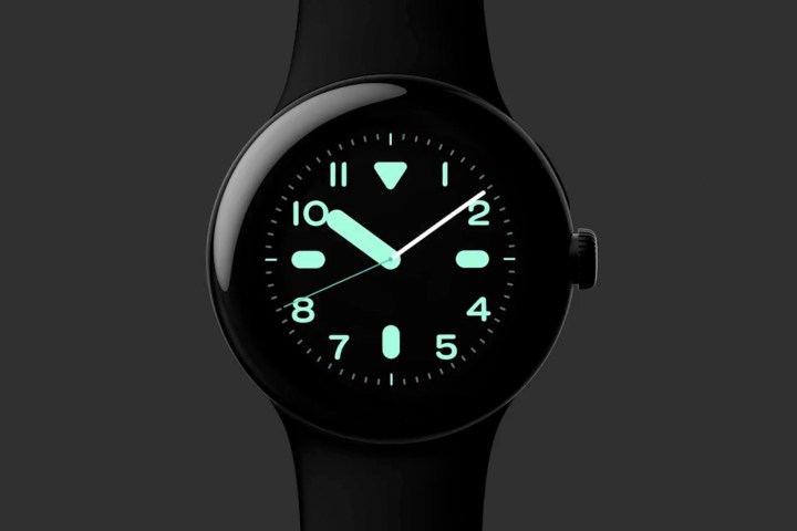 Render of the Google Pixel Watch, with its giant bezels.