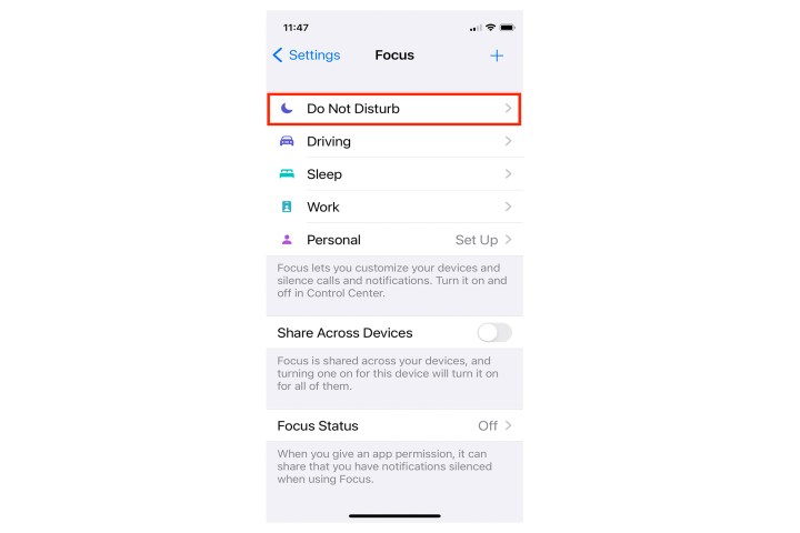 iOS 16 Do Not Disturb setting.