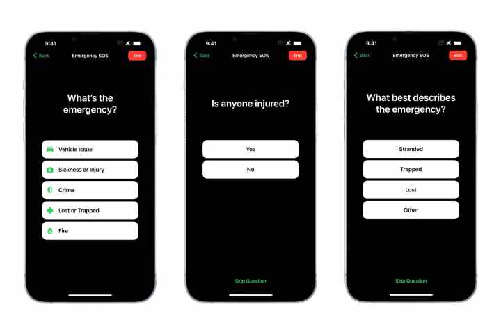 Three iPhones display emergency SOS via satellite question prompts.