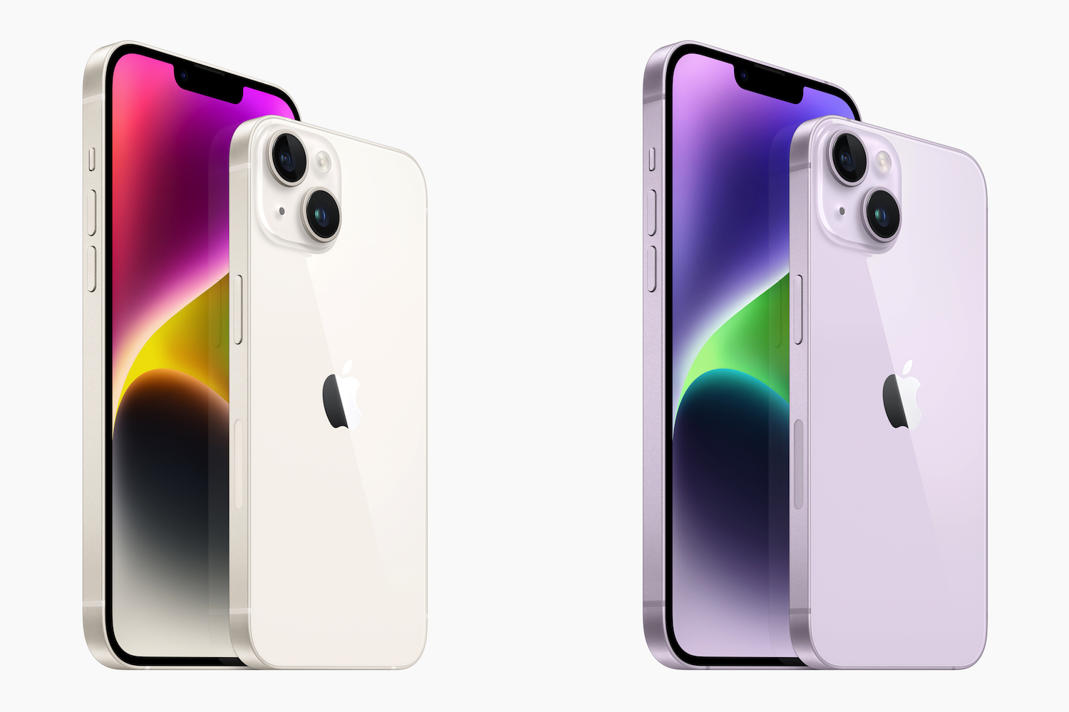 Apple iPhone 14 y iPhone 14 Plus en colores morado y plateado.