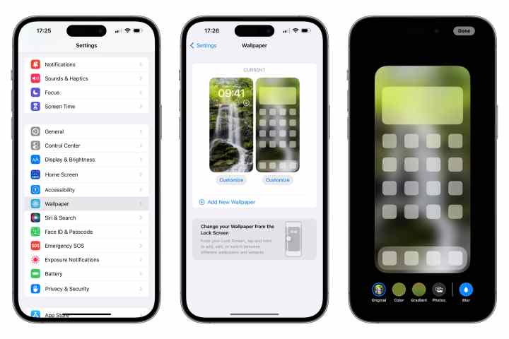 Três iPhones mostrando etapas para personalizar o papel de parede da tela inicial no aplicativo de configurações.