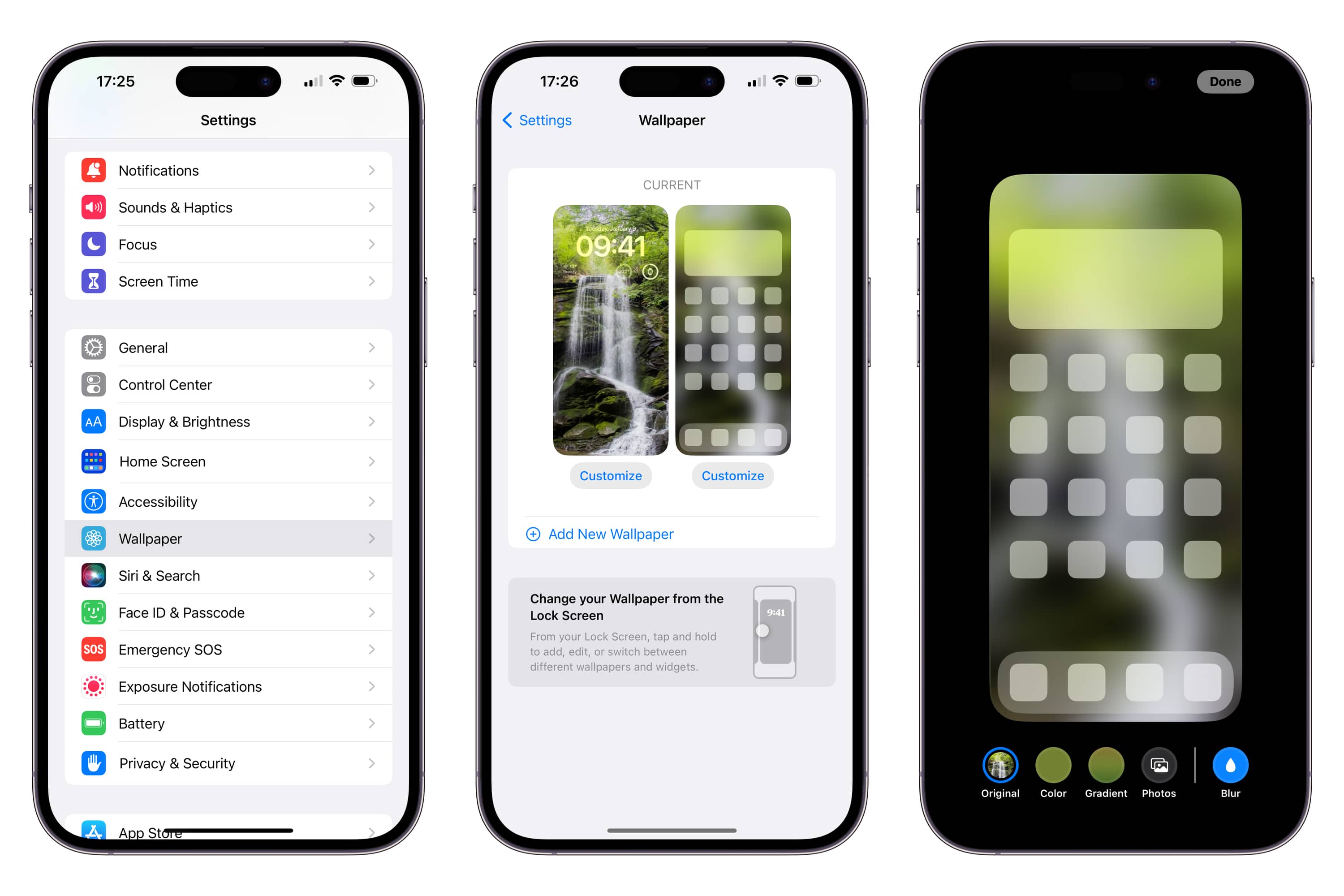 Drei iPhones mit Schritten zum Anpassen des Hintergrundbilds des Startbildschirms über die Einstellungs-App.