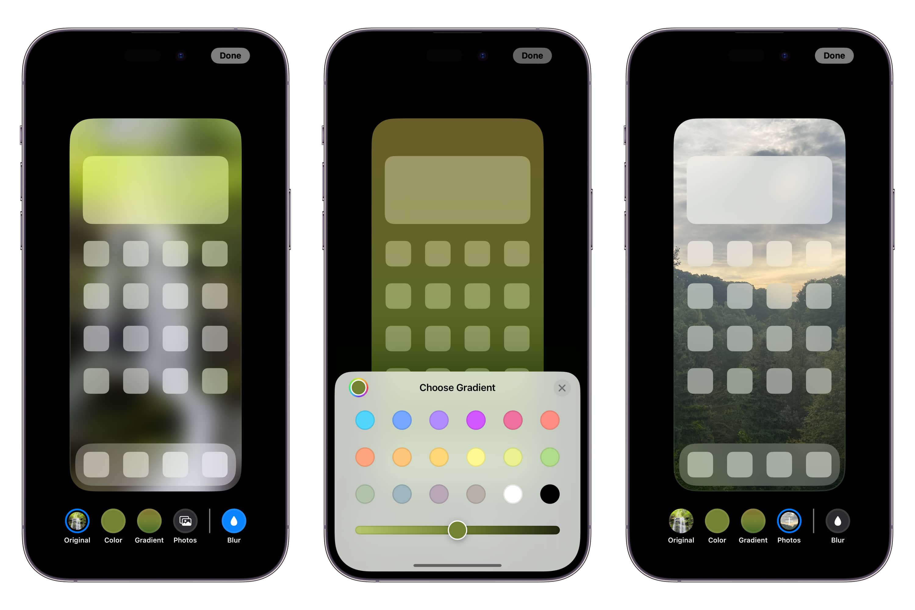 Três iPhones mostrando etapas para personalizar o papel de parede da tela inicial.