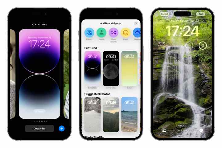 Tres iPhones que muestran los pasos para personalizar el fondo de pantalla de la pantalla de inicio desde la pantalla de bloqueo.