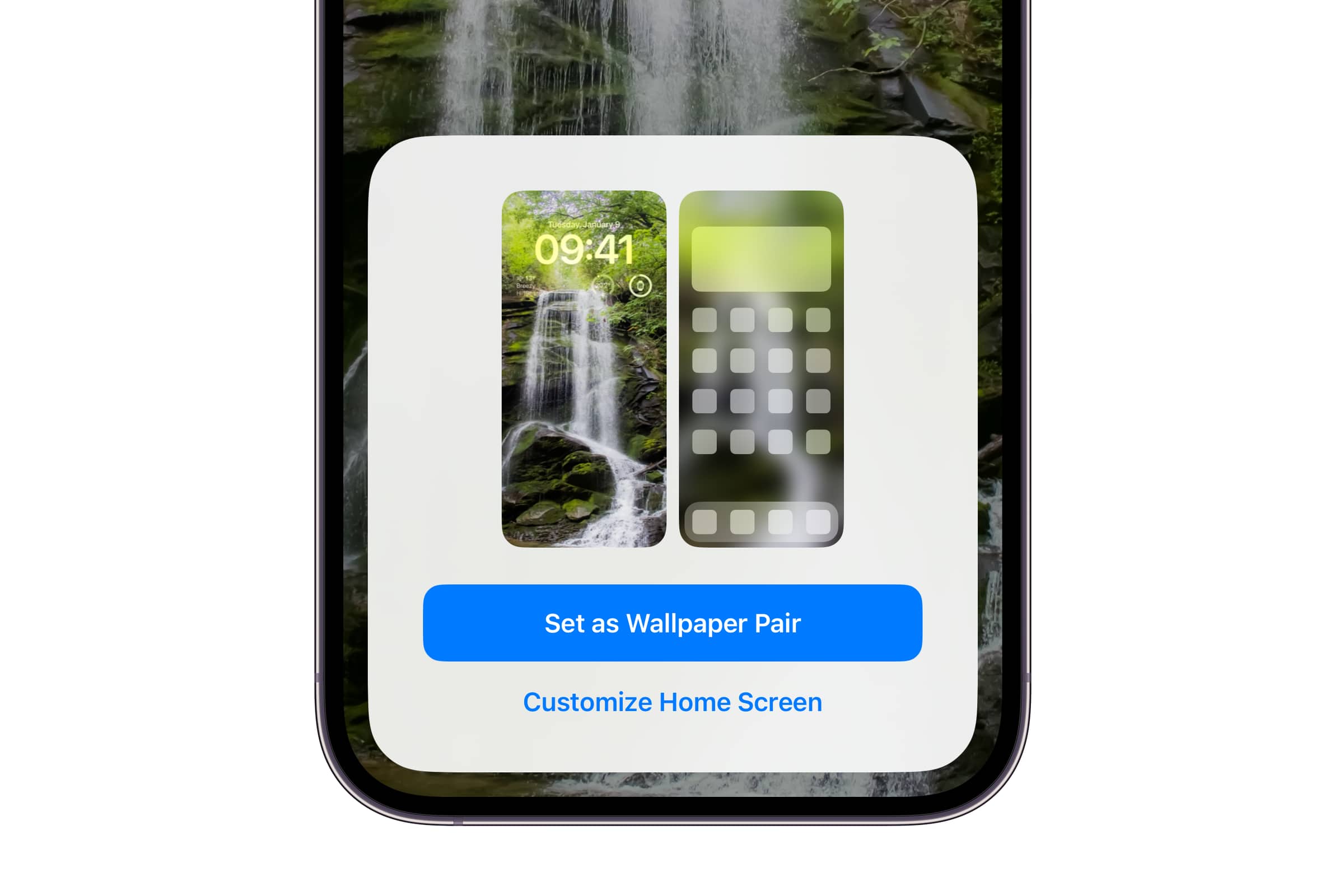 Das iPhone zeigt die Option zum Anpassen des Startbildschirms, wenn das Hintergrundpaar vom Sperrbildschirm aus eingestellt wird.