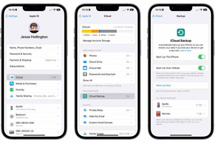 Tres iPhones que muestran la configuración de las copias de seguridad de iCloud.