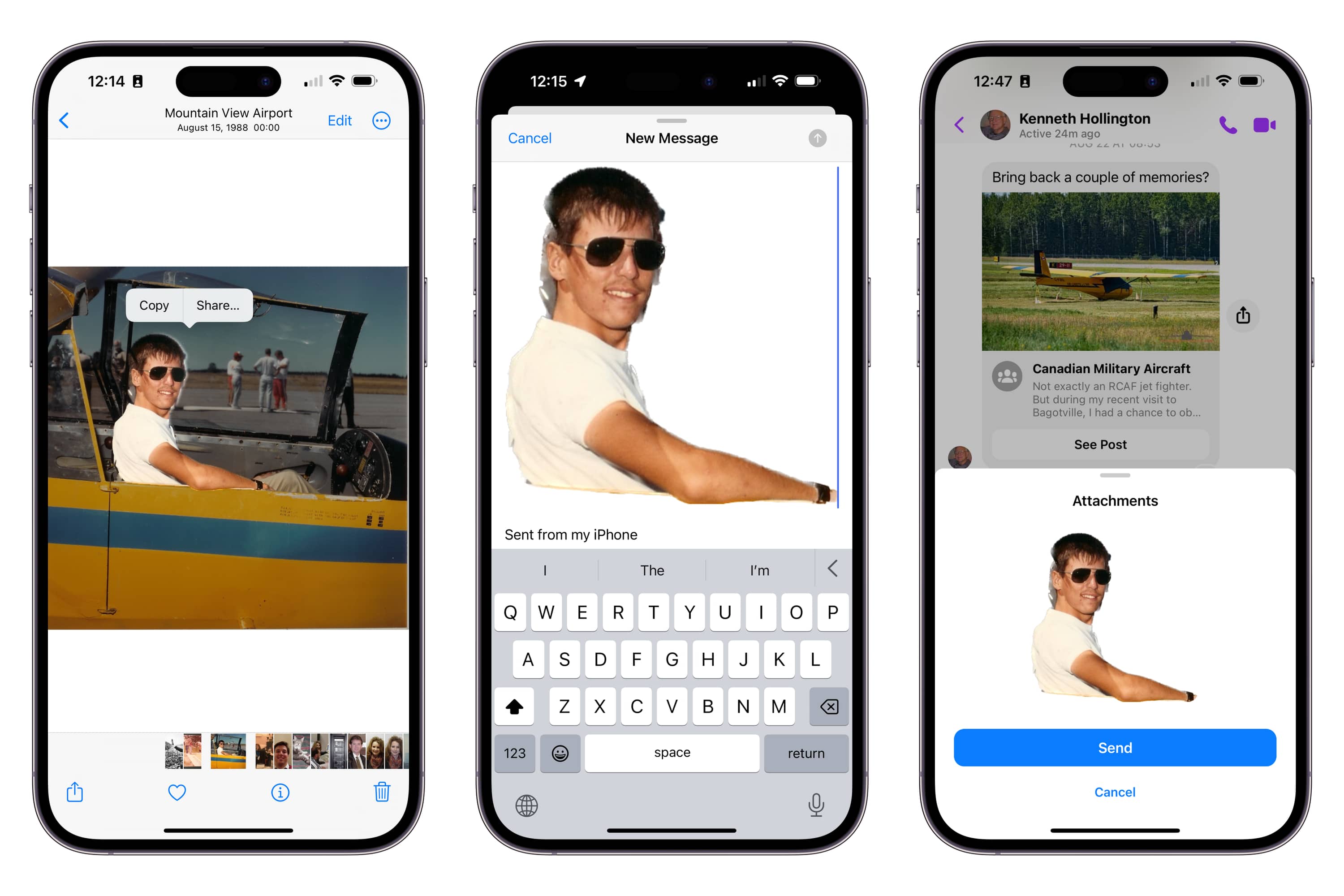 Three iPhones showing steps to lift a subject from an image and paste it into a messaging app.