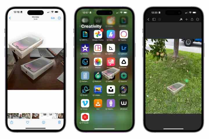 Três iPhones mostrando etapas para arrastar e soltar o assunto de uma imagem em um aplicativo de edição de fotos.