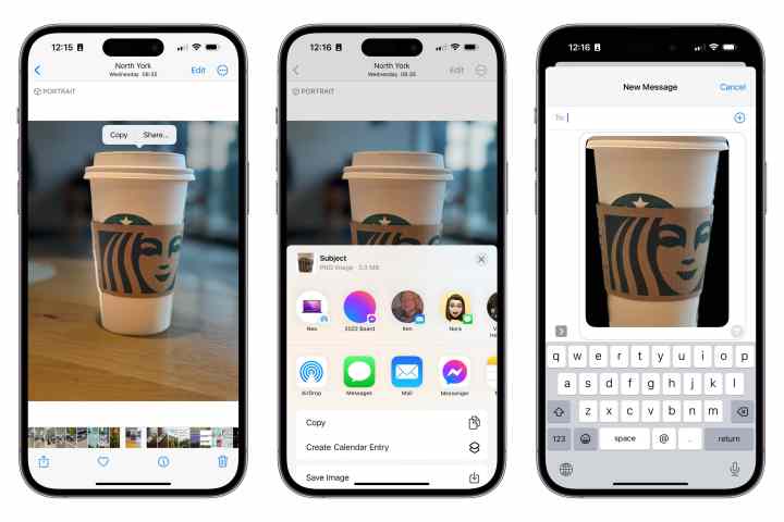 Três iPhones mostrando etapas para compartilhar o assunto de uma imagem no Mensagens.