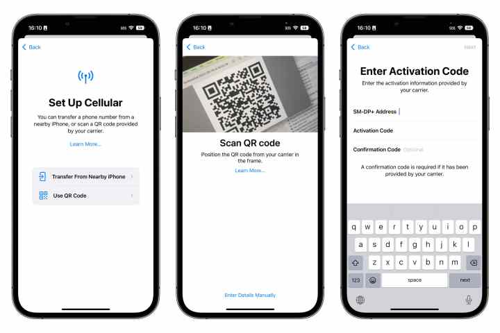 Three iPhones showing steps to configure eSIM using a QR code or entering information manually. 
