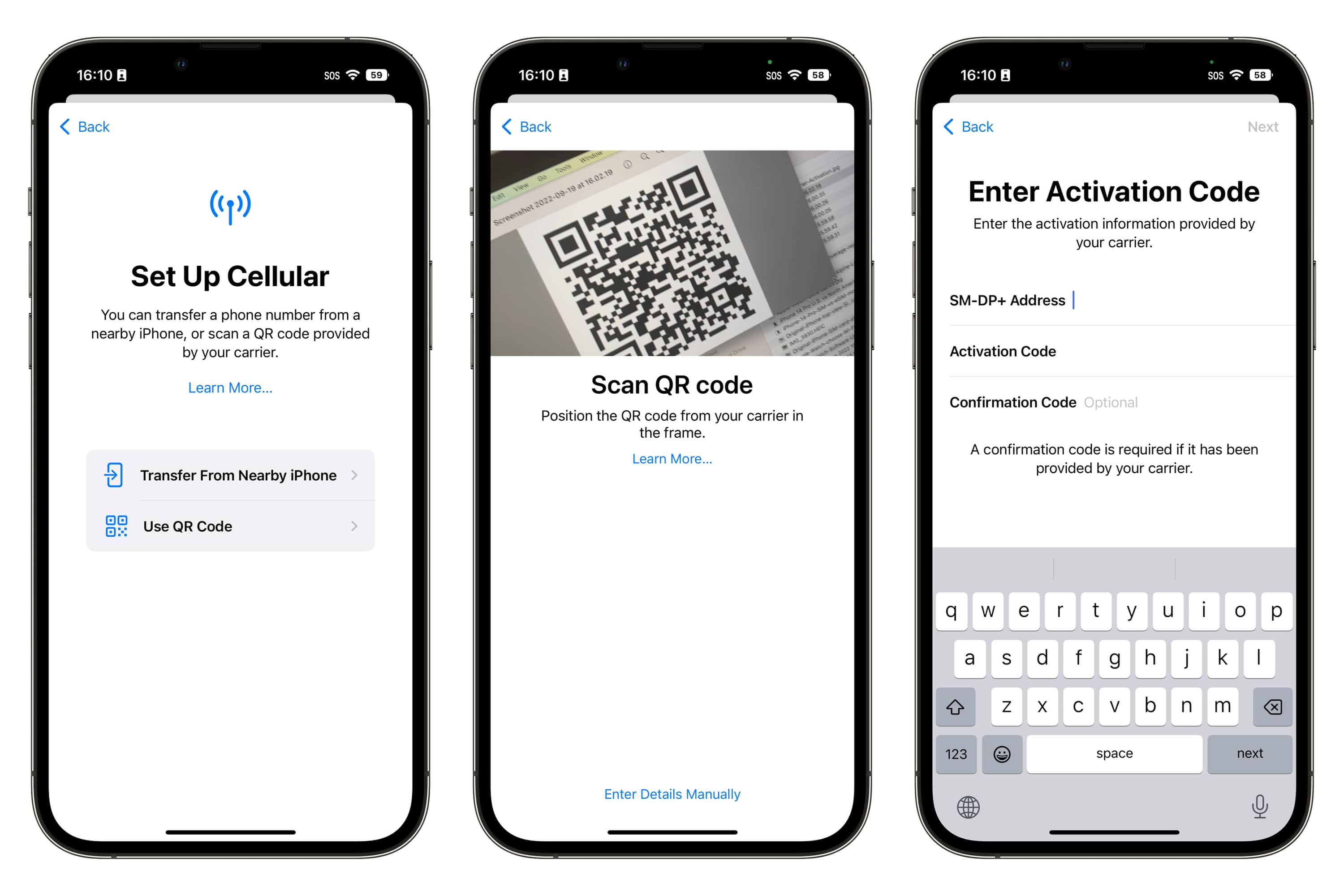 Three iPhones show steps for configuring eSIM using a QR code or entering information manually. 