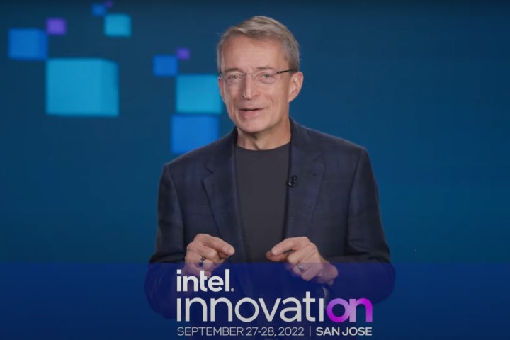 Intel CEO Pat Gelsinger in front of a blue background for Intel Innovation.