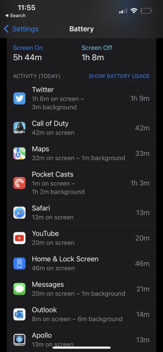 Screenshot che mostra un giorno di utilizzo della batteria sull'iPhone 14.