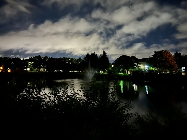 晚上池塘的照片，用iPhone 14拍攝。