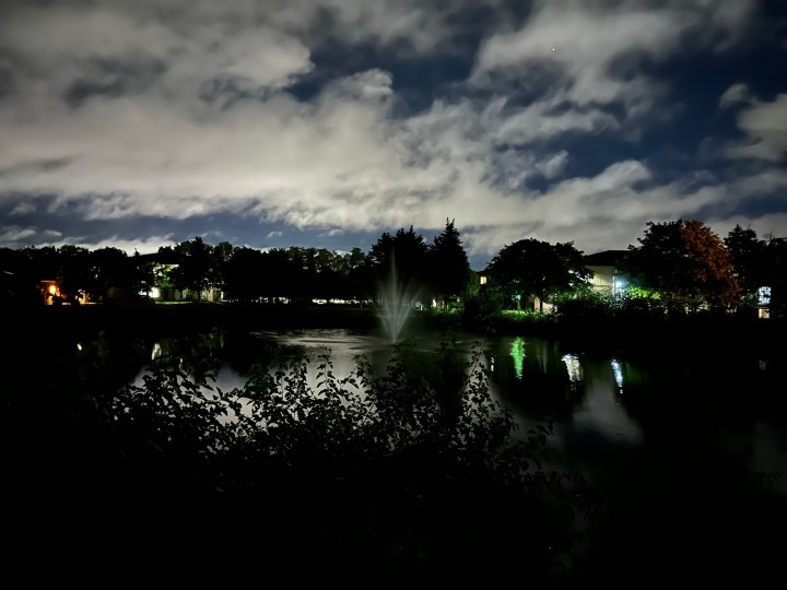 Foto di uno stagno di notte, scattata con iPhone 14 Pro.
