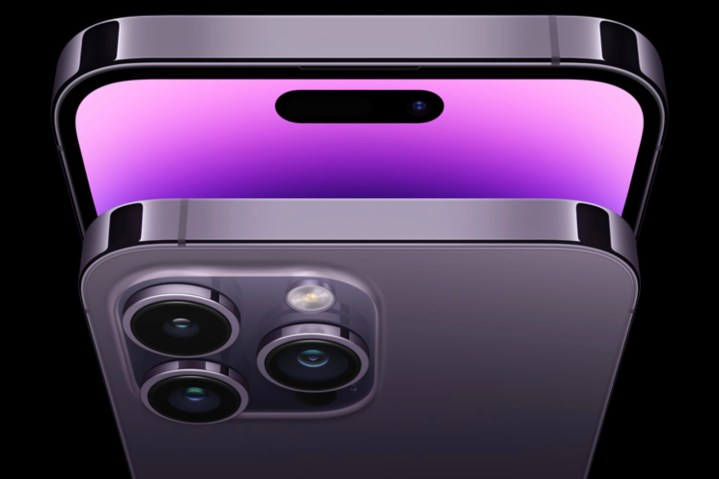 Front and back of iPhone 14 Pro in Deep Purple.