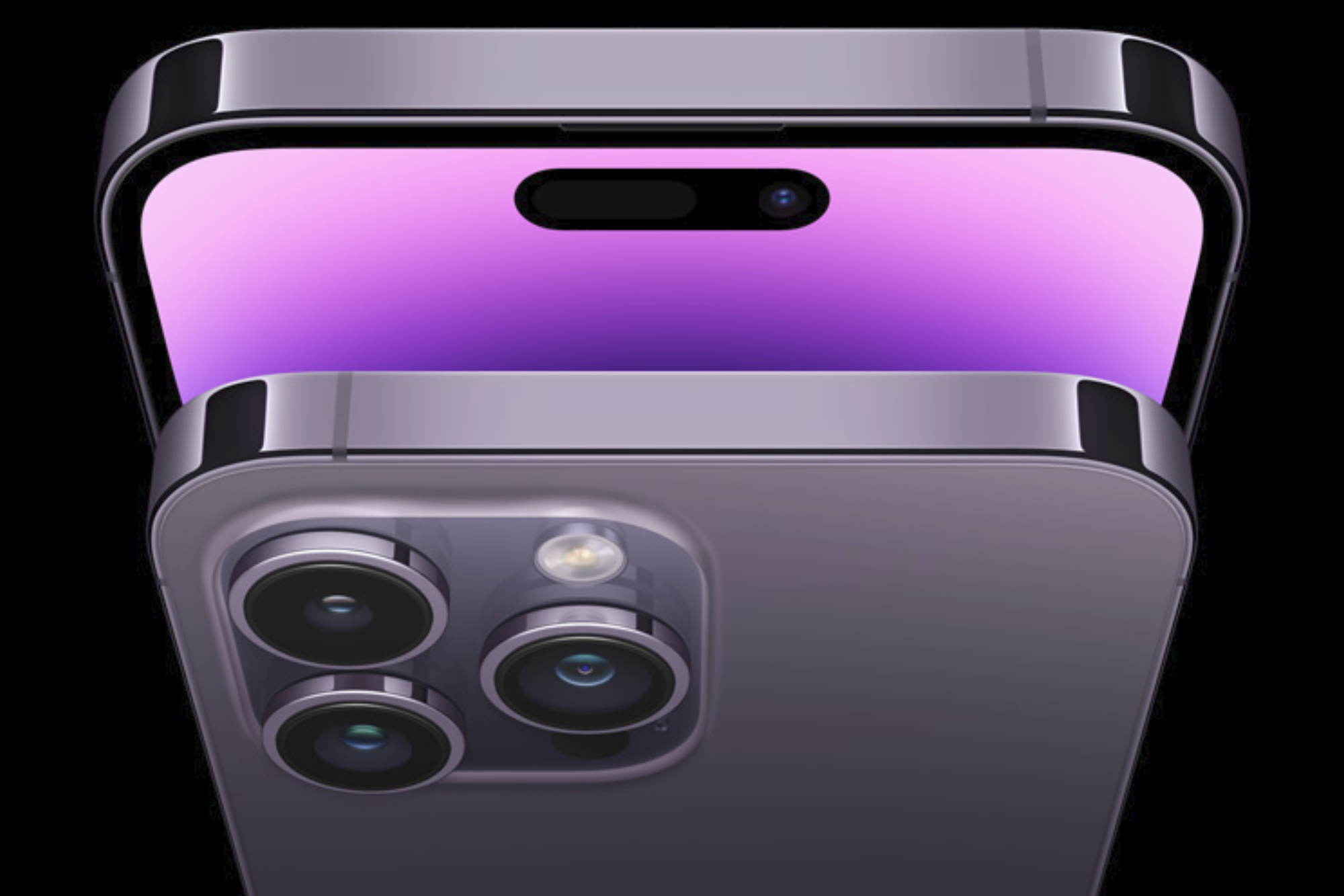 Frente y parte posterior del iPhone 14 Pro en Deep Purple.