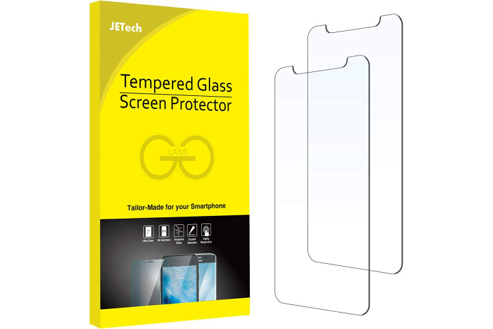 JeTech Tempered Glass Screen Protector for iPhone 11 Pro next to the yellow retail packaging.