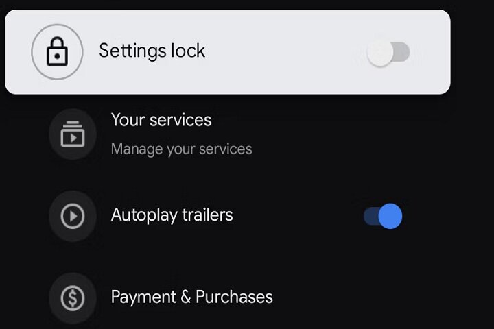 Settings lock on Google TV.