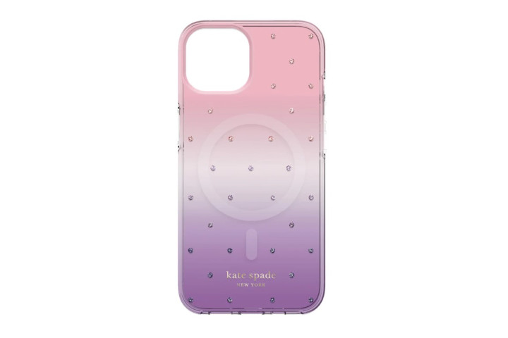 Incipio Kate Spade protective hardshell case in pink and purple ombre with gems for the iPhone 14.