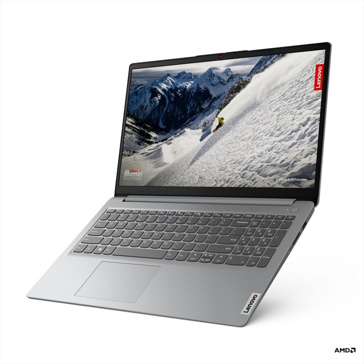 Lenovo IdeaPad 1 laptop at a side angle on a white background.