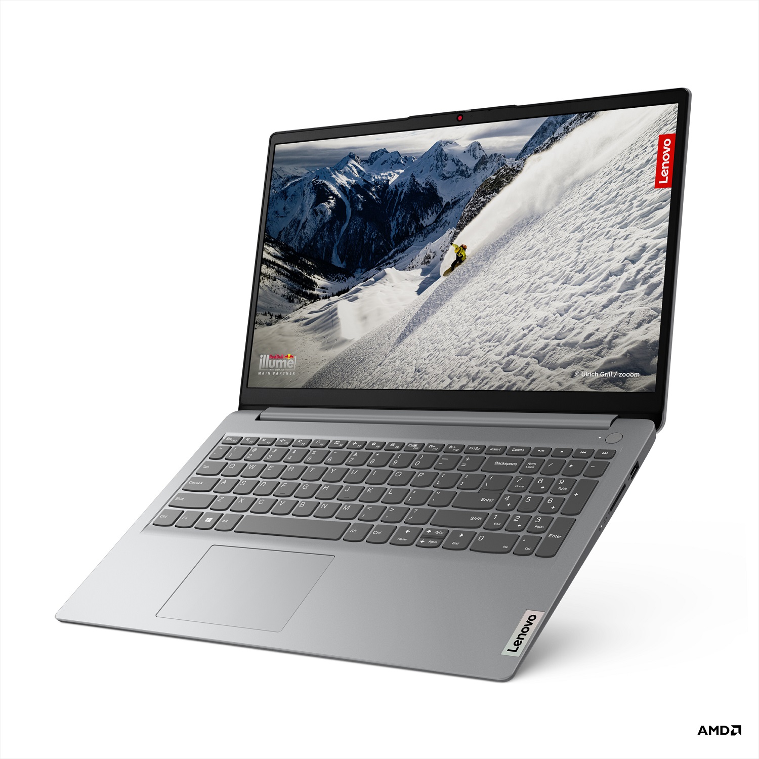 لپ تاپ Lenovo IdeaPad 1 در یک زاویه جانبی در پس زمینه سفید.