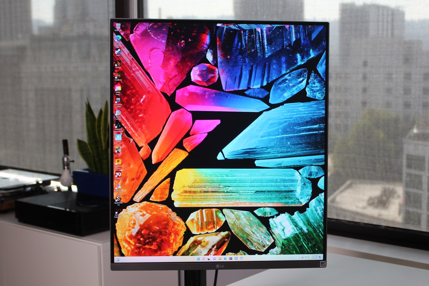 The LG DualUp monitor with a colorful wallpaper.