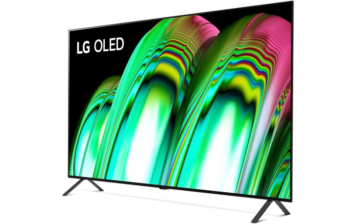 LG A2 Series 55-Zoll-4K-OLED-Fernseher auf weißem Hintergrund.