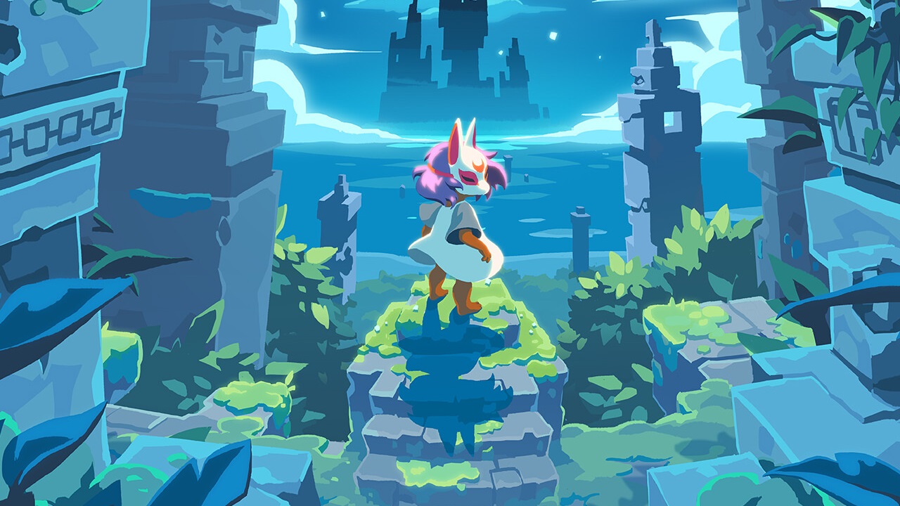 Obra de arte clave de Lucky Luna que muestra a Luna de pie entre una tierra en ruinas y frente a un castillo.