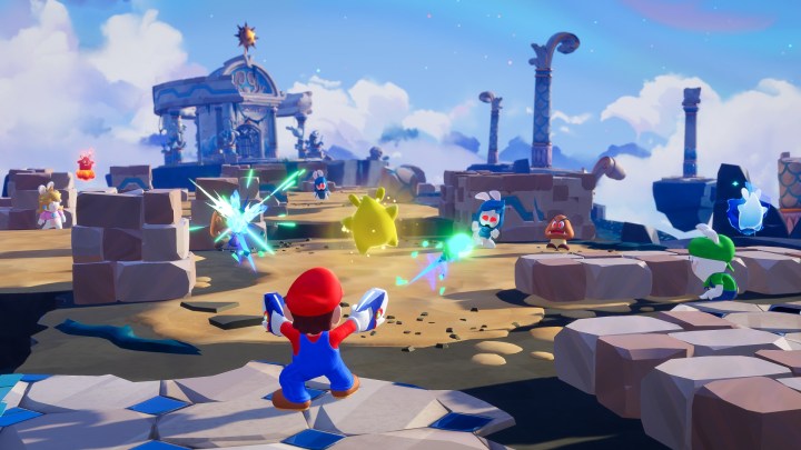 Capture d'écran de Mario tirant sur des ennemis dans mario + lapins étincelles d'espoir.
