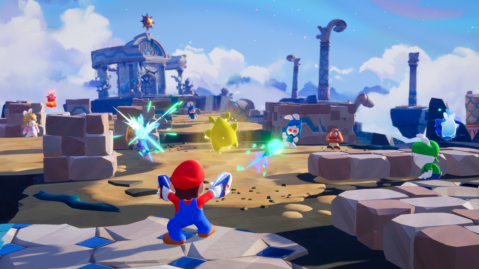 Screenshot von Mario, der in mario + rabbids Funken der Hoffnung auf Feinde schießt.