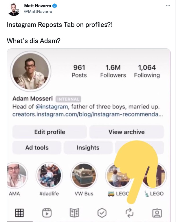 The Instagram profile page of Instagram chief Adam Mosseri.